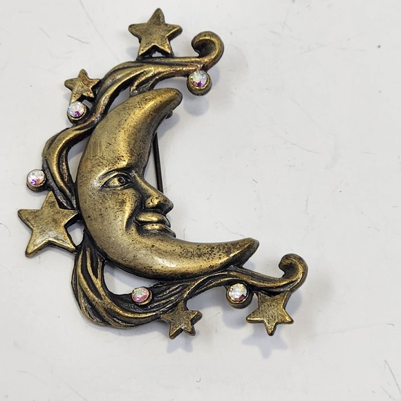 Patricia Darling Dash Brass Tone Crescent Moon Stars Brooch Pink AB Crystals - Picture 1 of 5